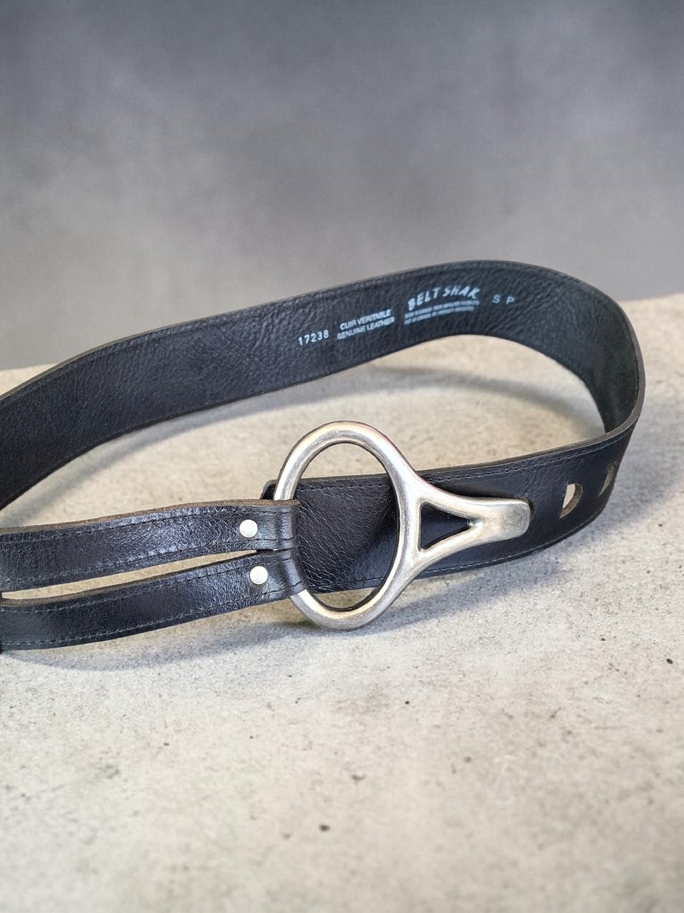 Black Leather Large Belt Shak with Silver Round Ring Buckle Made In Canada Small